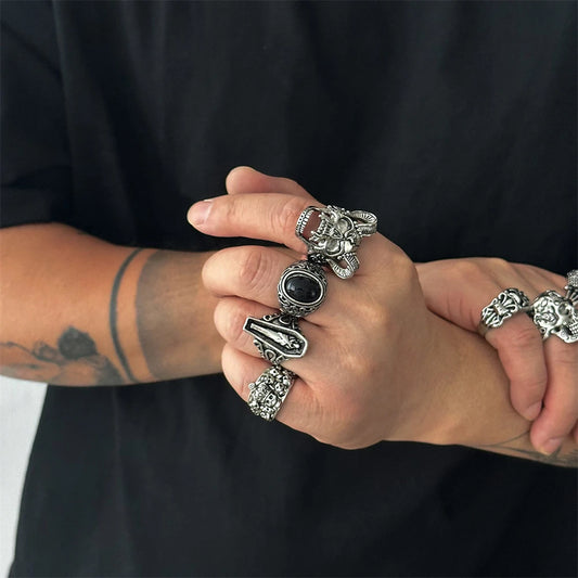 Gothic Punk Skull Ring – Adjustable Coffin &amp; Mummy Vampire Design for Men