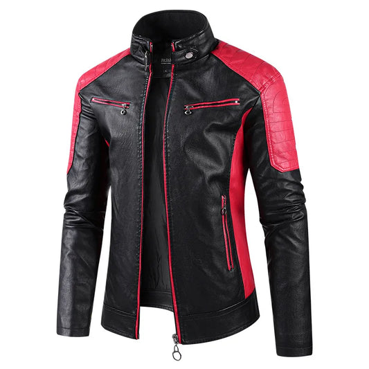 2025 New Color-Blocked PU Leather Motorcycle Jacket – Men’s Stand-Up Collar Multi-Color Spring/Autumn Casual Coat