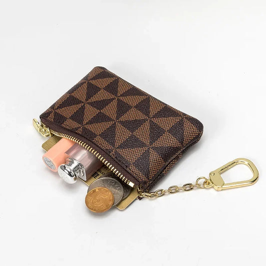 Luxury Plaid Leather Mini Coin Key Purse – Women's Zipper Wallet with Chain