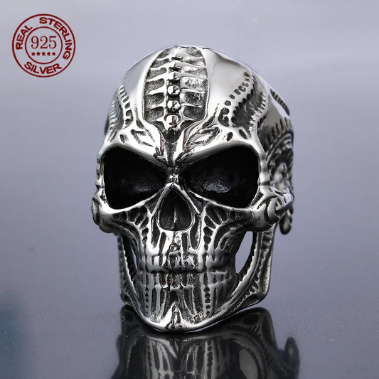 Gothic Alien Skull Ring for Men – S925 Sterling Silver Biker Statement Jewelry