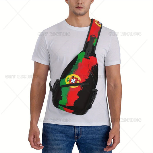 Men's Casual Chest Bag with Portuguese Flag Print – Durable Nylon Crossbody with Safety Zipper