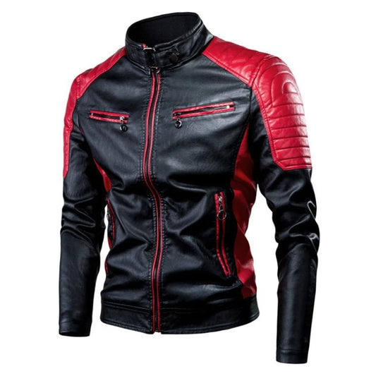 2025 New Color-Blocked PU Leather Motorcycle Jacket – Men’s Stand-Up Collar Multi-Color Spring/Autumn Casual Coat