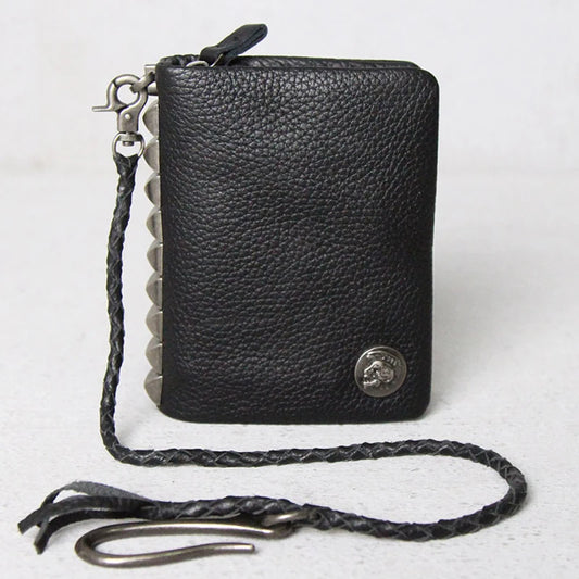 Vintage Punk Studded Leather Wallet – Men’s Short Chain Purse with Zipper &amp; Money Clip